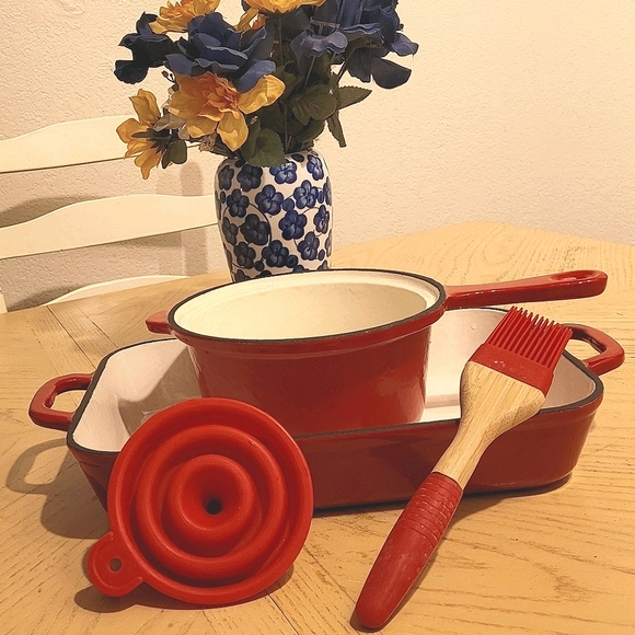 Red Cast Iron Pot & Dish Bundle with Basting Brush - Picture 1 of 6